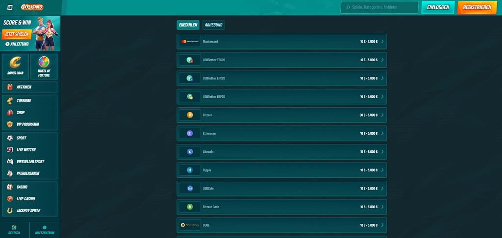 Golisimo Login und Einzahlung mit Zahlungsmethoden